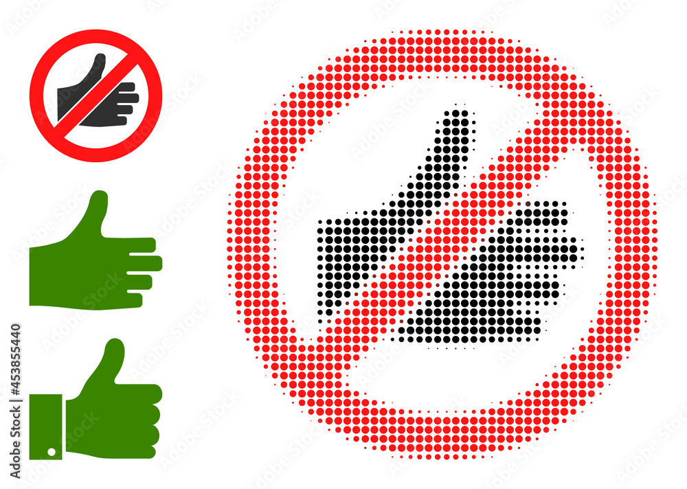 Poster halftone forbidden thumb up. dotted forbidden thumb up made with small spheric dots. vector illustra