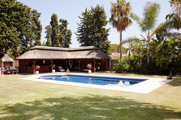Luxury patio overlooking swimming pool