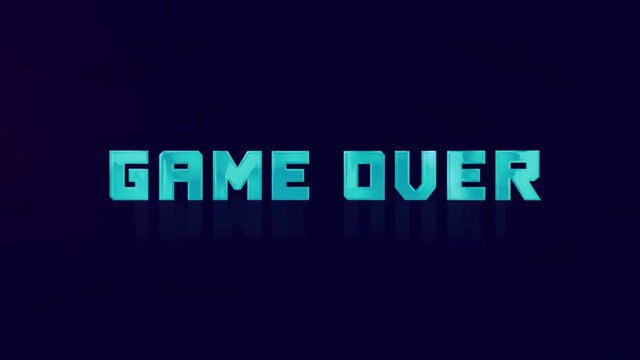 Animation of retro GAME OVER text glitching on blue background. Old tv glitch interference screen. 4K Video motion graphic animation.