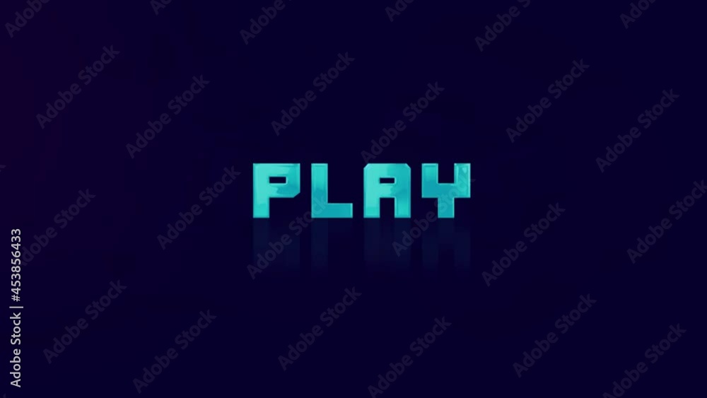 Poster animation of retro play text glitching on blue background. old tv glitch interference screen. 4k vid