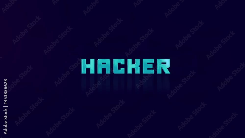 Poster Animation of retro HACKER text glitching on blue background. Old tv glitch interference screen. 4K Video motion graphic animation.