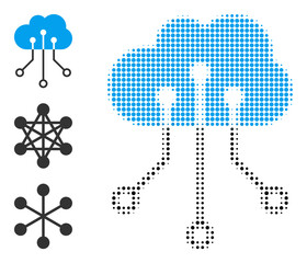 Halftone cloud network. Dotted cloud network made with small round points. Vector illustration of cloud network icon on a white background. Halftone array contains round points.