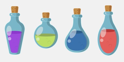 Set of bottles of potions. Liquid in glass jar in cartoon style. ​Flasks with red, blue, green and purple elixir. Vector illustration in flat style.
