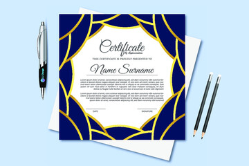 Certificate of appreciation template, gold and blue color.
