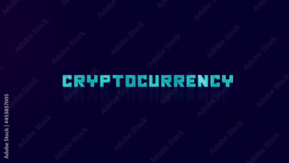 Aufkleber animation of retro cryptocurrency text glitching on blue background. old tv glitch interference scre
