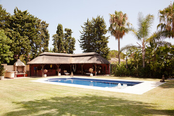 Luxury patio overlooking swimming pool