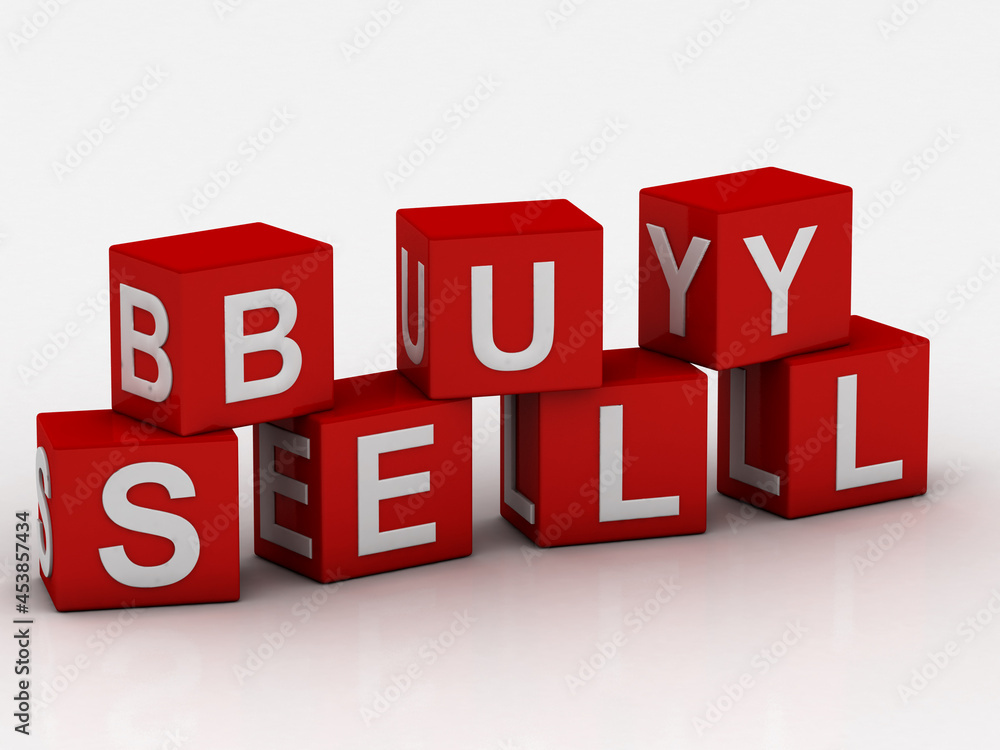 Poster 3d rendering word blocks buy and sell
