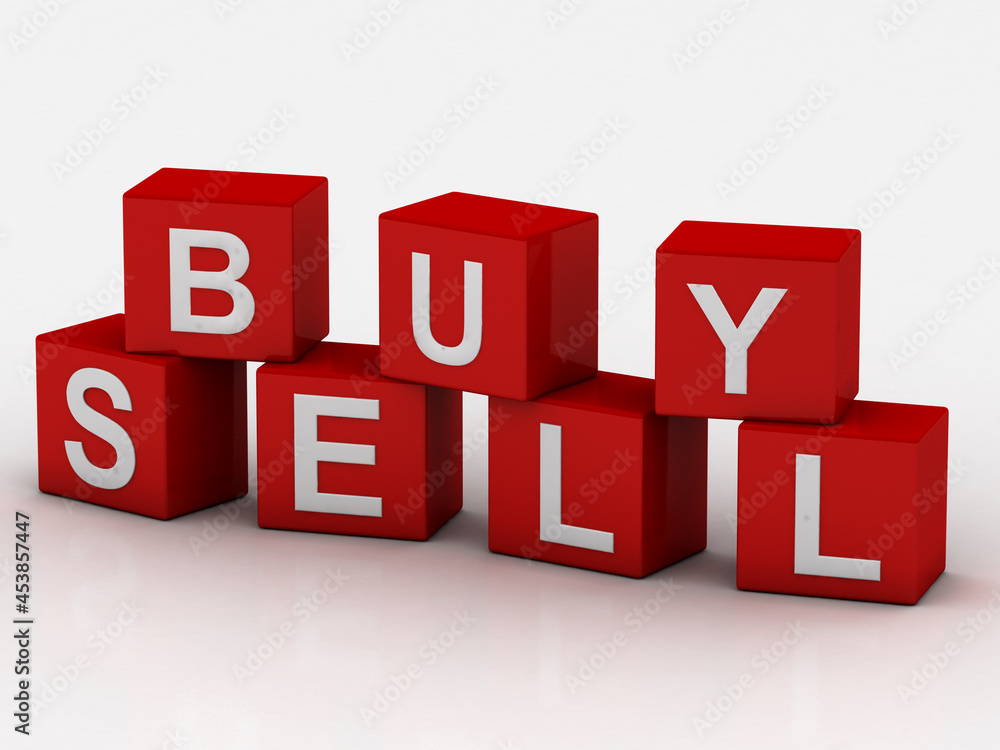 Poster 3d rendering word blocks buy and sell