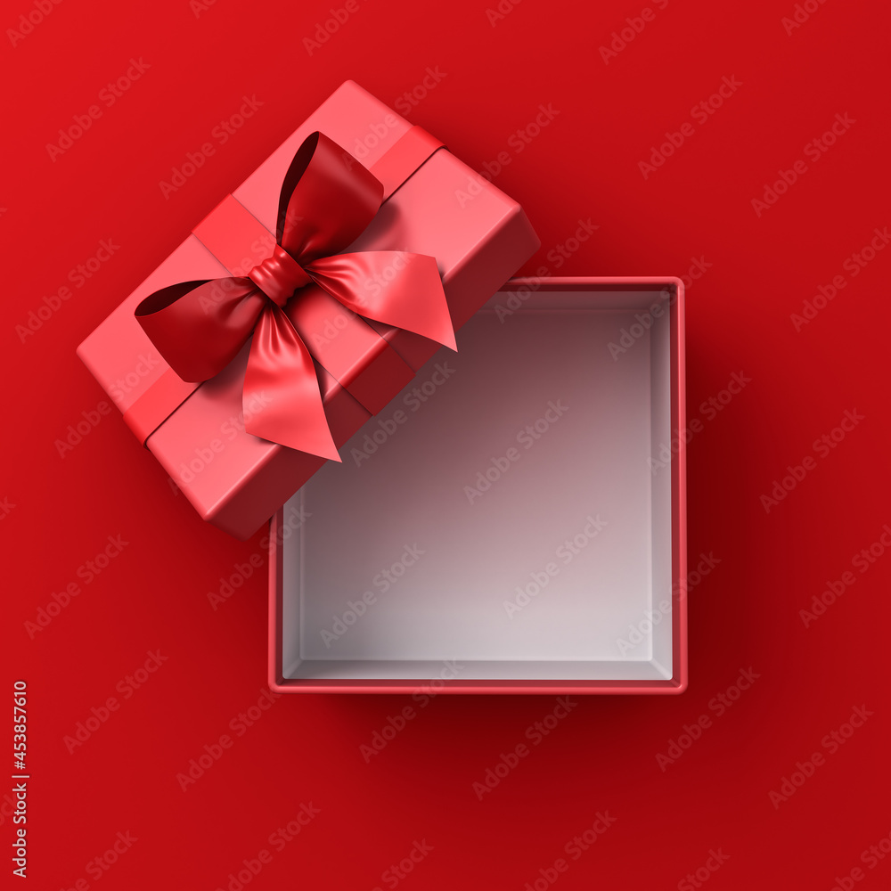 Poster Blank red gift box with red ribbon and bow or top view of open red present box isolated on red background with shadow minimal conceptual 3D rendering