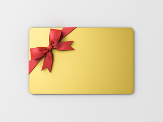Gold gift card with red ribbon bow isolated on white grey background with shadow minimal concept 3D rendering