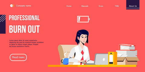 Stressed Office Worker sitting Behind the Desk and uses Laptop. Vector Banner Design for Professional Help with Work Stress or Burnout Syndrome. Landing Page for Stress Management Courses.