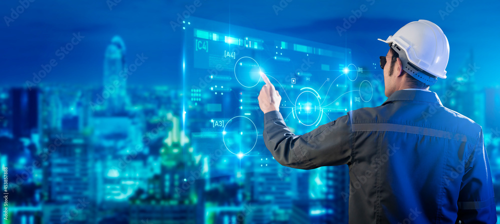 Poster digital world smart city, engineer working with digital technology security control power energy and