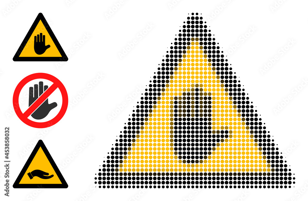 Poster halftone hand touch warning. dotted hand touch warning designed with small spheric elements. vector 