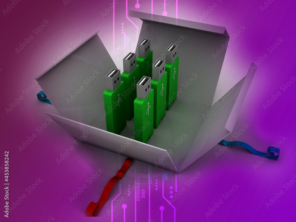Poster 3d rendering usb icon on opened box