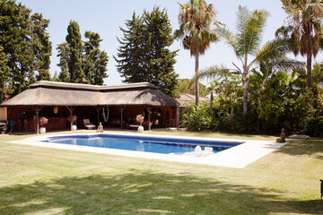 Luxury patio overlooking swimming pool