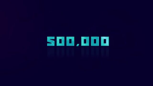 Animation of retro 500K text glitching on blue background. Old tv glitch interference screen. 500000 subscribers. 500K followers. 4K Video motion graphic animation.