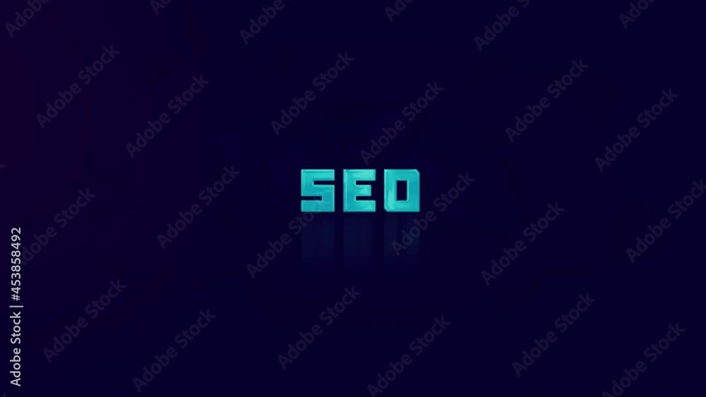 Poster animation of retro seo text glitching on blue background. old tv glitch interference screen. 4k vide