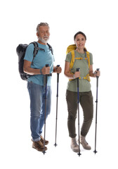 Couple of hikers with backpacks and trekking poles on white background