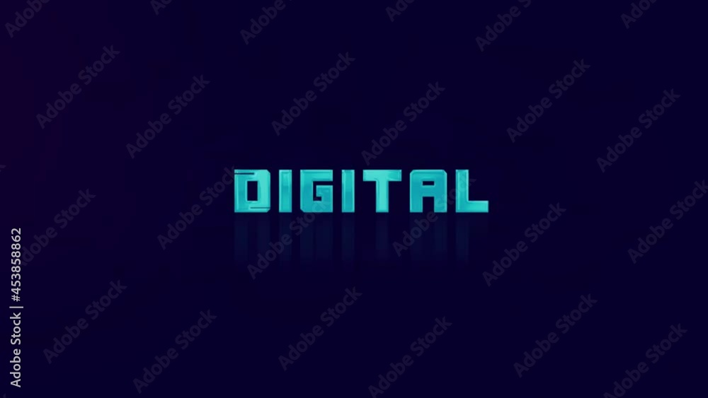 Poster Animation of retro DIGITAL text glitching on blue background. Old tv glitch interference screen. 4K Video motion graphic animation.