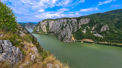 Danube Gorges, Cazanele Mari, Romania. August 2021: Where the Danube meets the Carpathian Mountains