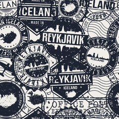 Reykjavík, Iceland Stamps Background. A City Stamp Vector Art. Set of Postal Passport Travel. Design Set Pattern.