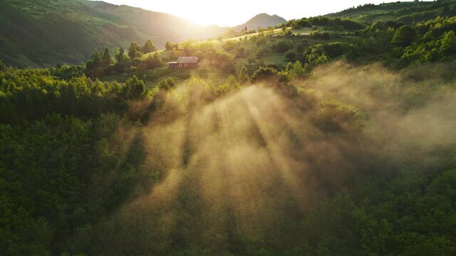 Sunrise over misty forest, warm rays of sunlight and distant cabin or farm house landscape