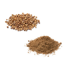Heap of dried coriander seed  and ground coriander isolated on white background  
