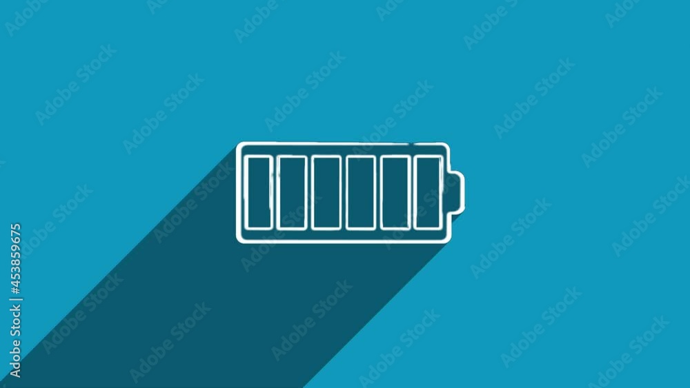 Poster white line battery icon with shadow isolated on blue background. shadow reflection design. 4k video 