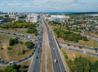 An expressway with a streetcar line in the middle of the road.. Kazan, Russia. 