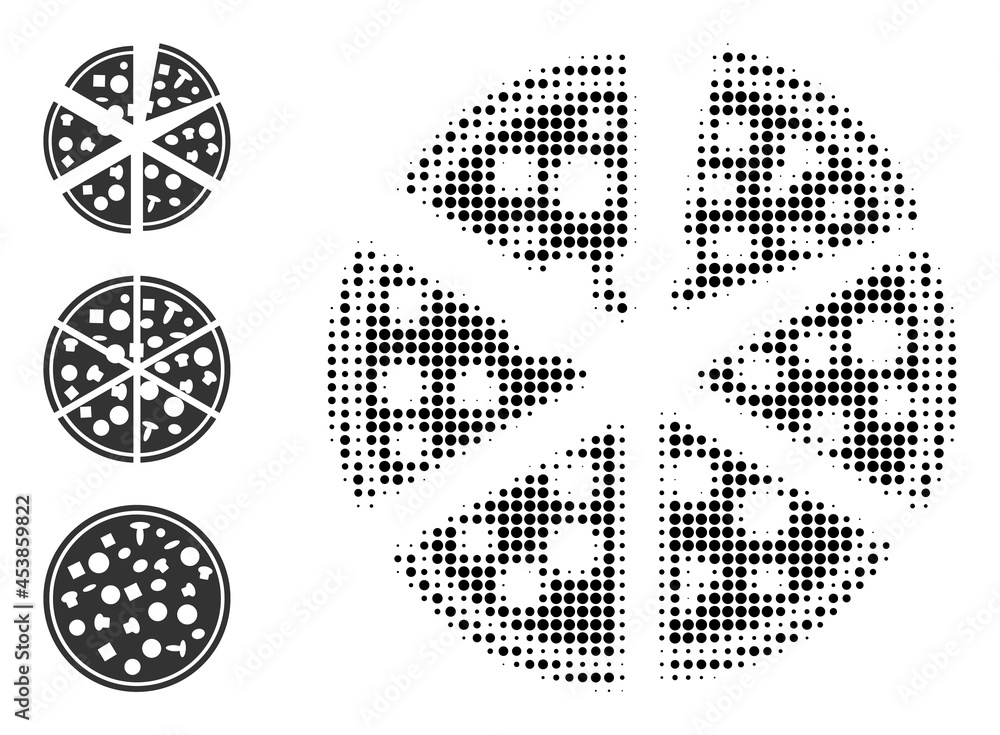 Poster halftone pizza pieces. dotted pizza pieces generated with small circle pixels. vector illustration o
