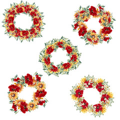 watercolor sunflower and cotton floral wreaths, perfect to use on the web or in print