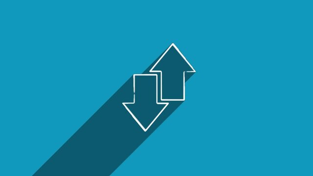 White line exchange arrow transfer icon with shadow isolated on blue background. Shadow reflection design. 4K video motion graphic animation.