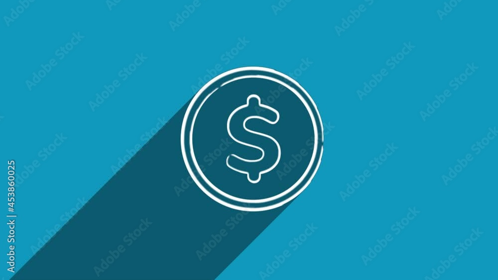 Aufkleber White line dollar symbol icon with shadow isolated on blue background. Shadow reflection design. 4K video motion graphic animation.