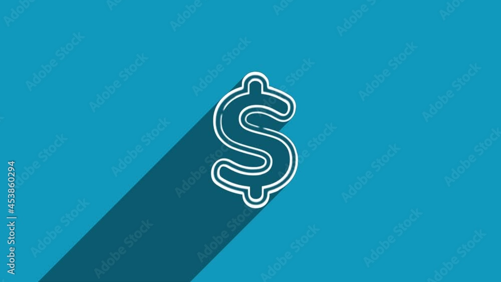Aufkleber white line dollar symbol icon with shadow isolated on blue background. shadow reflection design. 4k 