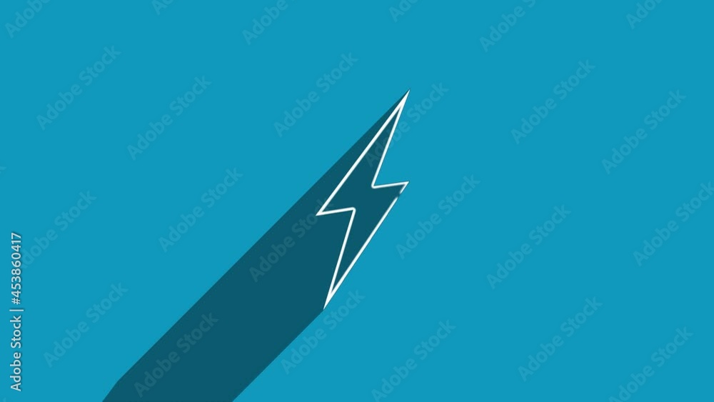 Aufkleber White line lightning bolt icon with shadow isolated on blue background. Shadow reflection design. 4K video motion graphic animation.