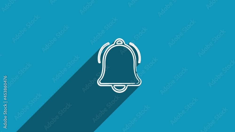 Poster white line bell icon with shadow isolated on blue background. shadow reflection design. 4k video mot