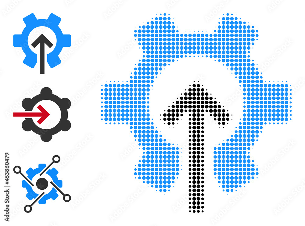 Poster halftone gear integration. dotted gear integration constructed with small round pixels. vector illus