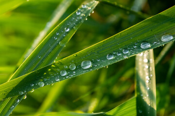 Wasser Tropfen Tau Regen Makro Nahaufnahme Details Sonne Reflektion Spiegelung Linse Natur grün...