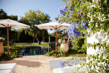 Lounge chairs and umbrellas on balcony of luxury hotel