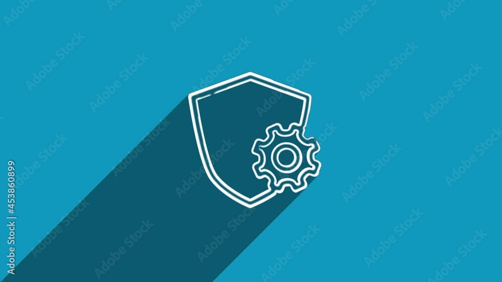 Poster White line shield with settings gear icon with shadow isolated on blue background. Shadow reflection design. 4K video motion graphic animation.