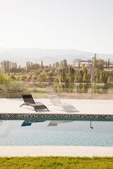 Luxury lap pool with tree and mountains in background
