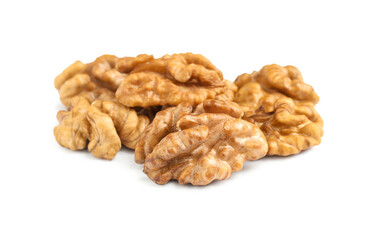 Pile of peeled walnuts on white background