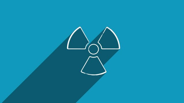White line radioactive symbol icon with shadow isolated on blue background. Shadow reflection design. 4K video motion graphic animation.