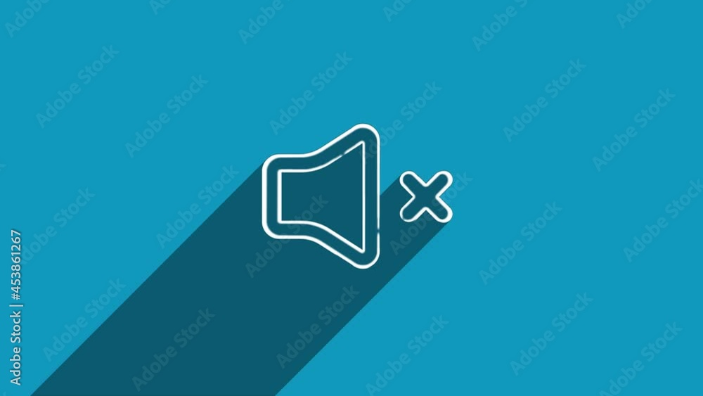 Poster white line speaker mute icon with shadow isolated on blue background. shadow reflection design. 4k v