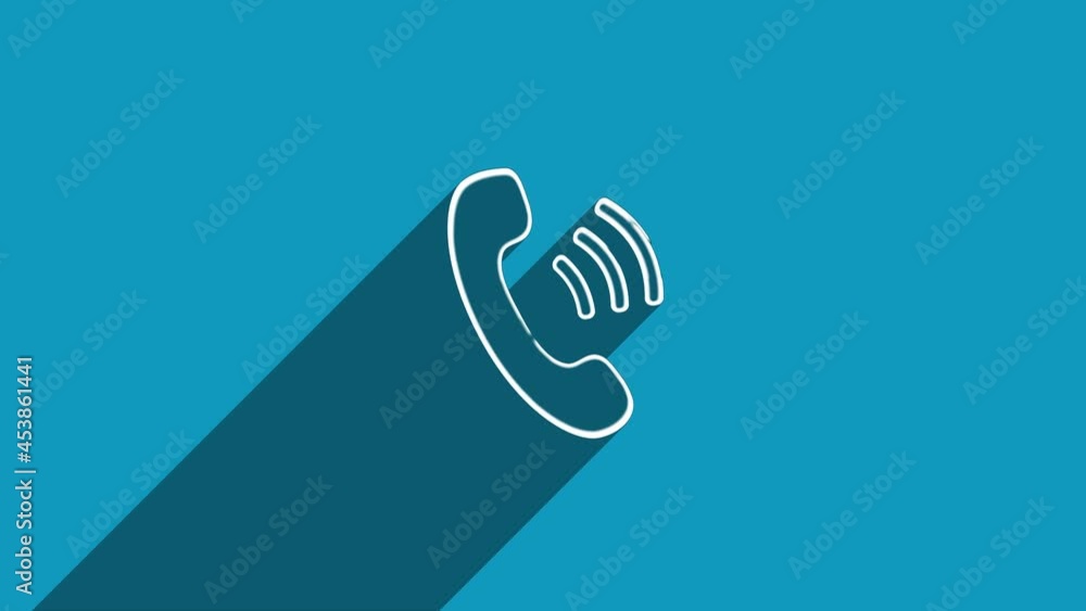 Poster white line telephone handset icon with shadow isolated on blue background. shadow reflection design.
