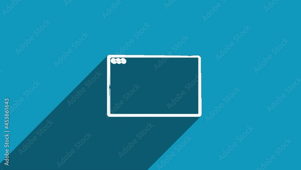 Poster White line browser window icon with shadow isolated on blue background. Shadow reflection design. 4K video motion graphic animation.