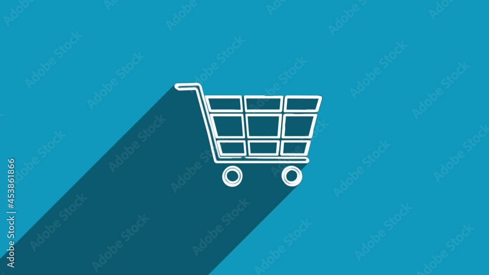 Poster white line shopping cart icon with shadow isolated on blue background. shadow reflection design. 4k 