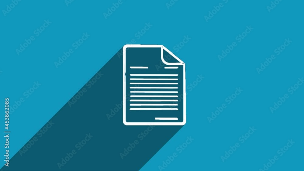 Poster White line document icon with shadow isolated on blue background. Shadow reflection design. 4K video motion graphic animation.