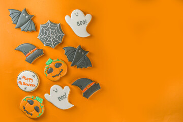 Halloween treats background with sugared Gingerbread cookies and candies, Trick or treat concept...