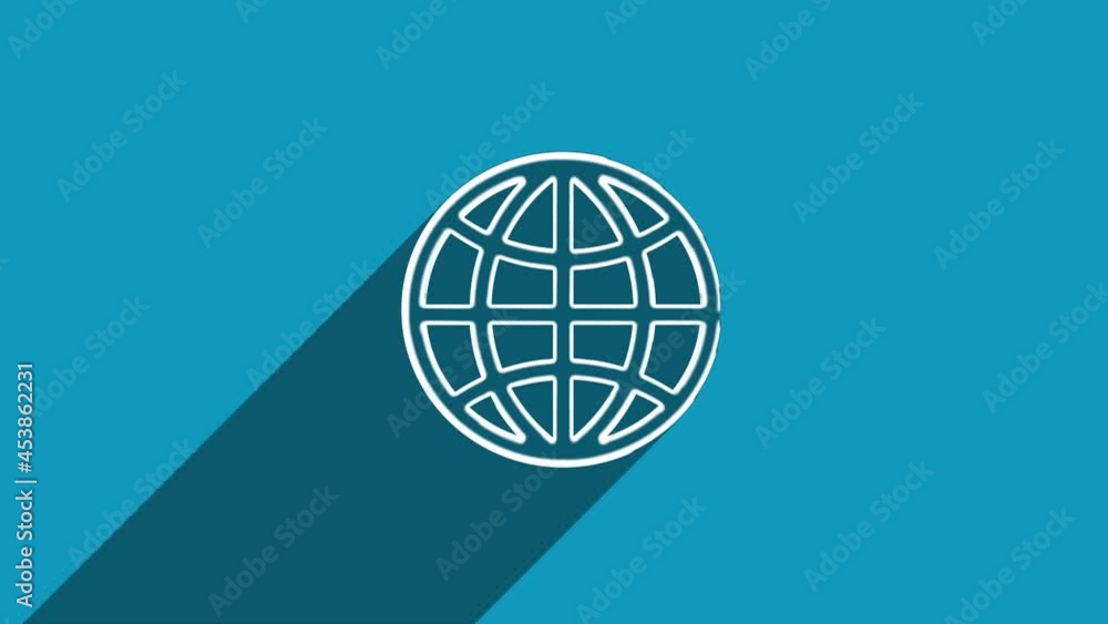 Poster white line globe icon with shadow isolated on blue background. shadow reflection design. 4k video mo